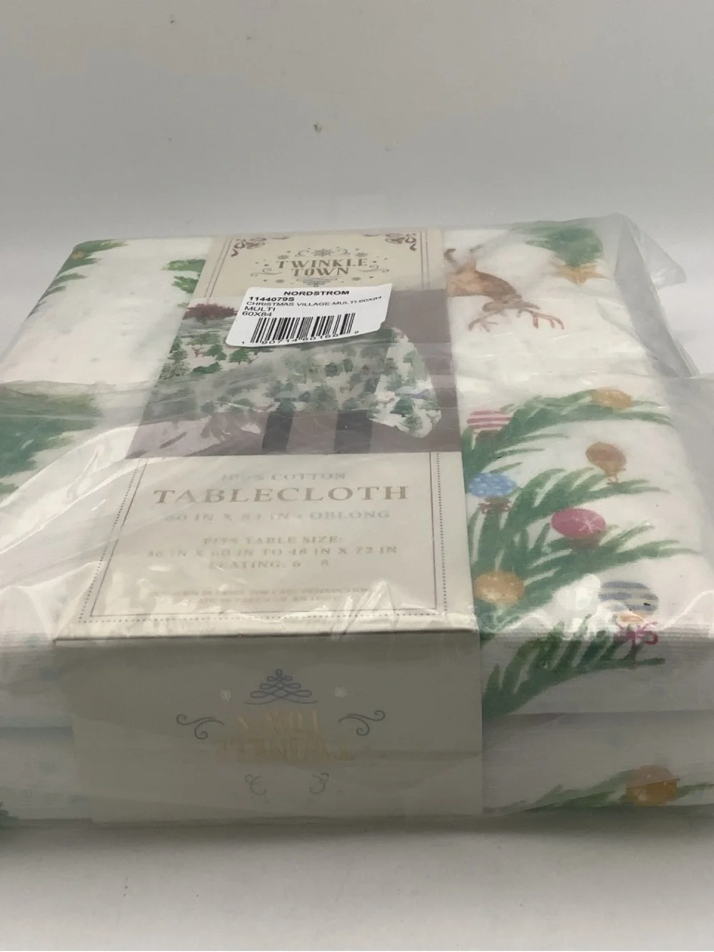 Festive Holiday Cotton Tablecloth with Green Tree, Reindeer and Cabin design